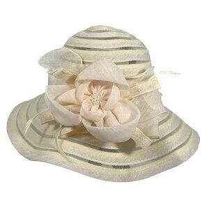 Wide Brim Striped Ivory Hat Floral Feathers Faux Pearls Derby Tea Party Church